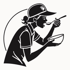 Stylized black and white silhouette of a young woman wearing a baseball cap and t shirt happily eating soup from a bowl with a spoon conveying enjoyment and a simple meal