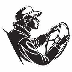 Stylized black and white illustration of a person wearing a cap and jacket driving a vehicle holding the steering wheel with both hands in profile view conveying a sense of focus and movement