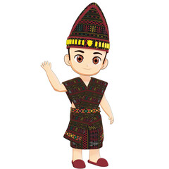 3D illustration of ethnic character in traditional patterned clothing with hat, raising hand gesture, isolated on white background, cultural heritage art.
