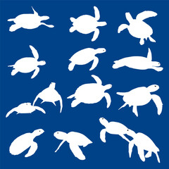 Set of white silhouette big sea turtle in water flat vector illustration isolated on blue background