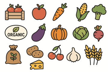 Colorful organic produce icons collection with fruits and vegetables
