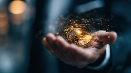 Hand holding a digital cryptocurrency coin with glowing elements, representing modern finance and technology in a futuristic setting