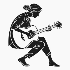 Silhouette of a young woman playing an acoustic guitar depicted in a minimalist black and white line art style conveying a sense of artistic expression and musical passion