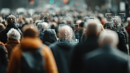 Anonymous crowd surveillance, urban street, blurred people, facial recognition overlay, privacy concern, technology tension