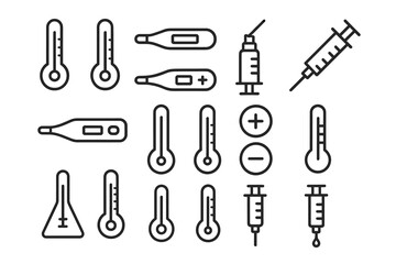 Obraz premium Collection of medical icons: thermometers and syringes in black line art
