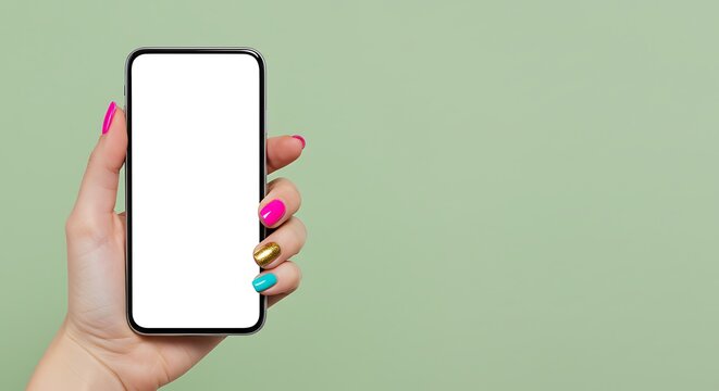 Showcase your app or website on this vibrant phone held by a stylish hand with colorful nails against a soft green background now