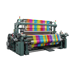 Modern industrial textile loom with colorful threads isolated on transparent background
