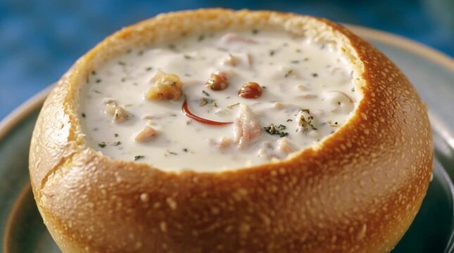 Creamy Seafood Chowder Served Hot in a Rustic Bread Bowl.