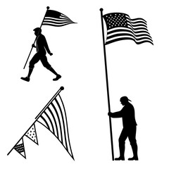 Patriotic silhouettes featuring american flags and figures in motion and standing proudly against a white background