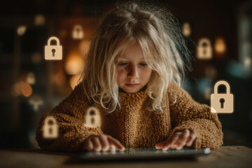 Child tablet use parental control lock icon warm sweater focused learning safety