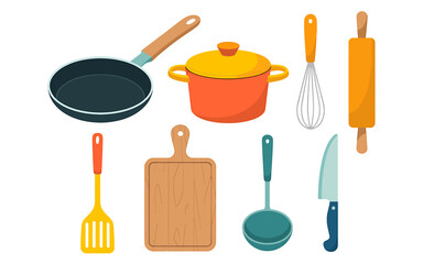 Essential Kitchen Utensils Flat Lay Illustration for Cooking Baking and Food Preparation on White Background
