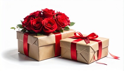 A brown gift box with a red ribbon sits beside a vase of red roses on a white background, symbolizing romance, celebration, and appreciation in a clean, elegant, and heartfelt composition.