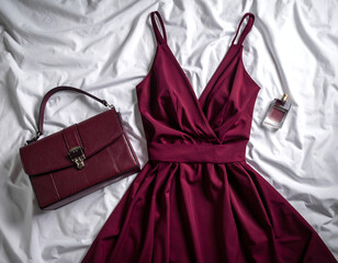 Elegant deep red cocktail dress laid flat with a matching handbag and a bottle of perfume on a white wrinkled surface