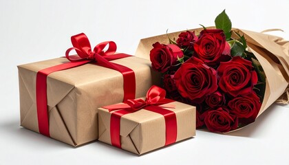 A brown gift box with a red ribbon sits beside a vase of red roses on a white background, symbolizing romance, celebration, and appreciation in a clean, elegant, and heartfelt composition.