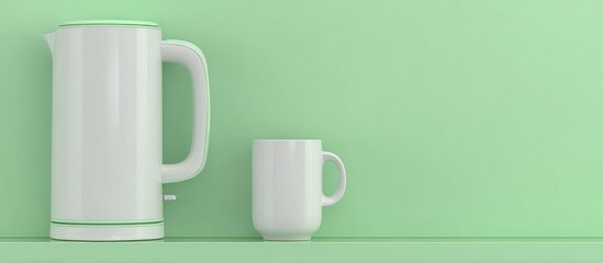 Fototapeta premium A white electric kettle and a white mug are placed on a light green surface with a matching background.