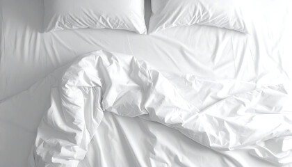 Crisp White Bedding Unmade Bed with Wrinkled Sheets and Pillows