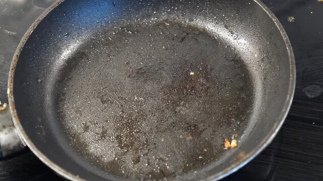 Close-up of an Empty, Dirty Frying Pan A Culinary Aftermath Scene