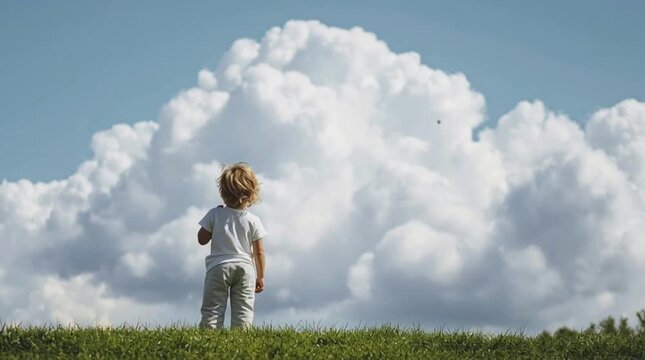 Young child gazes at vast, fluffy clouds in a serene outdoor landscape.