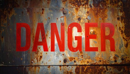 The word “DANGER” blazes in red across a rusted metal surface—corrosion blooms in blue, brown, and decay. A metaphor for warning and the choreography of erosion through industrial memory and spectral 