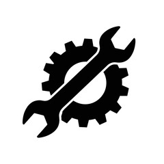 Black and white illustration of a wrench overlapping a gear, representing industry and mechanics.
