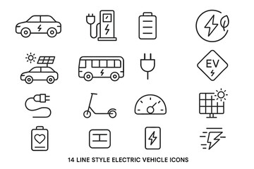 Collection of 14 line style electric vehicle icons