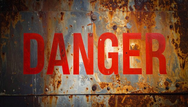 The word “DANGER” blazes in red across a rusted metal surface—corrosion blooms in blue, brown, and decay. A metaphor for warning and the choreography of erosion through industrial memory and spectral 