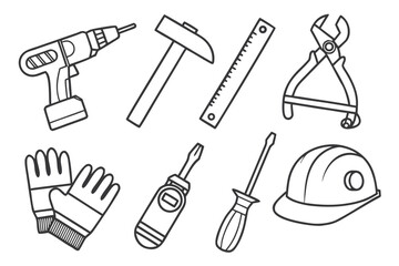 Fototapeta premium Black vector silhouette set of hand tools icons like hammer, wrench, saw, screwdriver, and pliers for construction and repair illustration