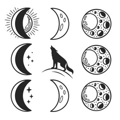Collection of celestial and lunar icons featuring crescent moons full moons with craters a sun with rays and a silhouette of a wolf howling at the moon