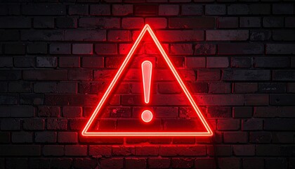 A glowing red neon triangle with an exclamation mark blazes against a dark brick wall—radiating urgency. A metaphor for alertness and the choreography of caution through luminous tension and symbolic 