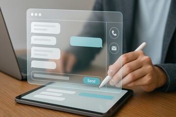 Stylus interacting with digital chat interface on tablet for real-time communication and messaging
