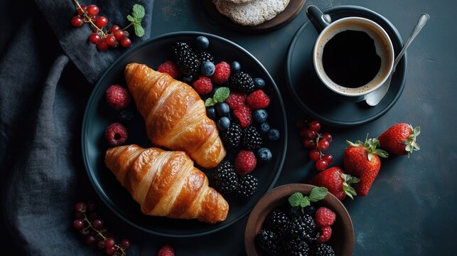 Breakfast flat lay with croissants, berries, and coffee.