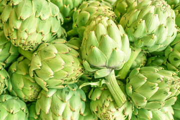 Obraz premium Green french artichoke flowers buds on the farm market stall.