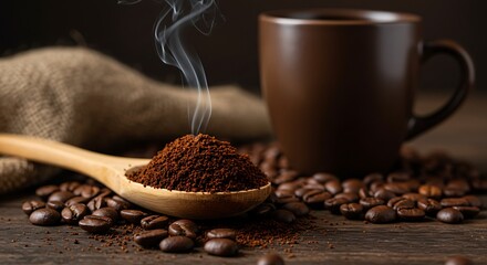 Aromatic coffee still life with steaming cup and rich ground beans, perfect for morning motivation or a cozy break, promoting warmth and energy