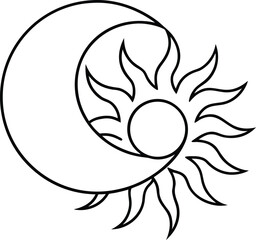 abstract continuous line art moon and sun sketch illustration on transparent