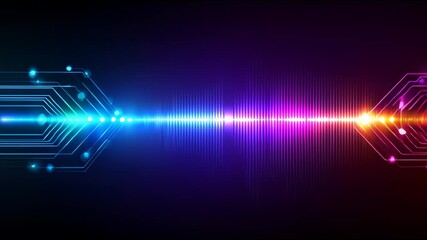 Digital sound wave neon blue purple glowing circuit lines vibrant futuristic technology visualization with abstract electronic design and audio signal effects on dark background - Powered by Adobe