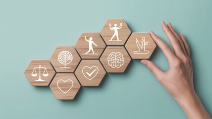 Wooden hexagons representing core values and principles