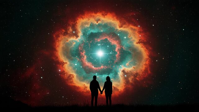 Couple holding hands silhouetted against a colorful nebula in outer space