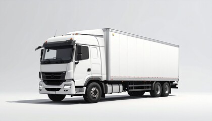 A white box truck with a high cab and aerodynamic design sits on a neutral surface—its enclosed cargo area gleams with utilitarian precision. A metaphor for movement and the choreography of delivery t