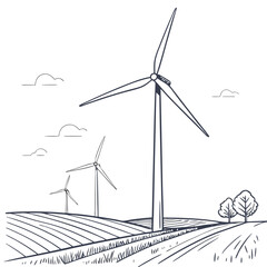A minimalist line art illustration of a wind farm with three turbines in a rural landscape under a cloudy sky representing renewable energy and sustainability