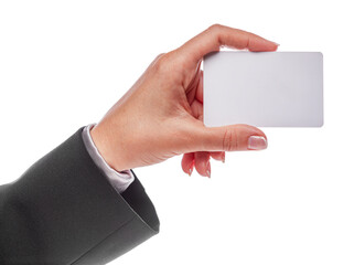 Woman's hand in black office suit holds empty white plastic card isolated on white background.
