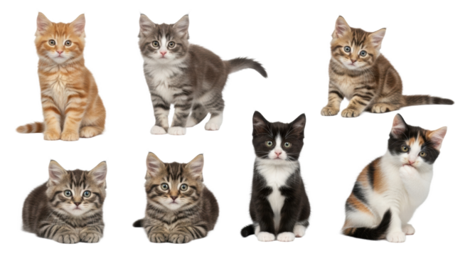 Seven adorable fluffy kittens, various patterns & colors, looking at viewer on a transparent studio background with copy space. Concept of pet companionship