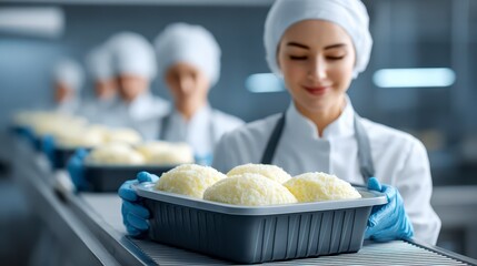 Quality Control: Focused employee in a food processing plant inspects freshly baked items on a conveyor belt, with other workers in the background.