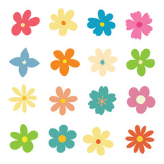  Collection of colorful flower elements vector. Simple, cute, round flower head in various shapes. Abstract botanical spring blossom art. Organic petal floral design. Flower icon set.