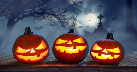 Grinning pumpkin latern or jack-o'-lantern is one of the symbols of Halloween. Halloween attribute.