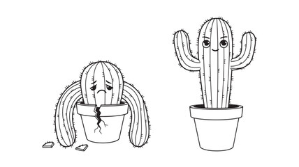 Two cute cacti in pots line art illustration happy sad plant desert bo