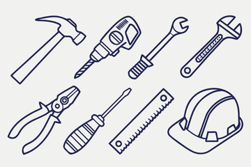 A comprehensive vector set of construction tools icons, including hammer, wrench, screwdriver, saw, pliers, and spanner, as a silhouette collection for repair illustration