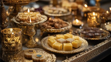 Diwali sweets styled with diyas and golden décor.