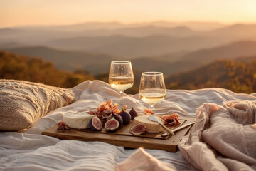 Enjoy a romantic picnic featuring cheese, wine, and figs with a beautiful mountain sunset view.