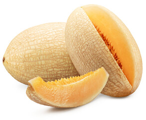White oval melon and melon slice isolated on white background. Cut out PNG file.