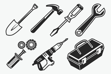 Tool set vector icons collection with hammer, saw, wrench, and screwdriver symbols for repair and construction illustration